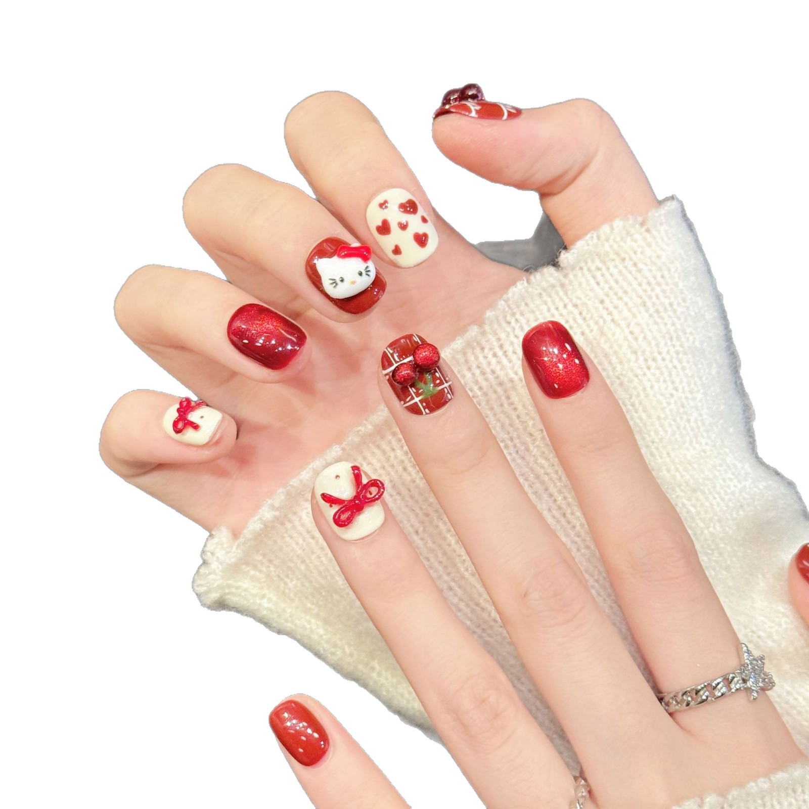 10PCS Faux ongles courts à pre - Nail Art Red Cherry avis et prix